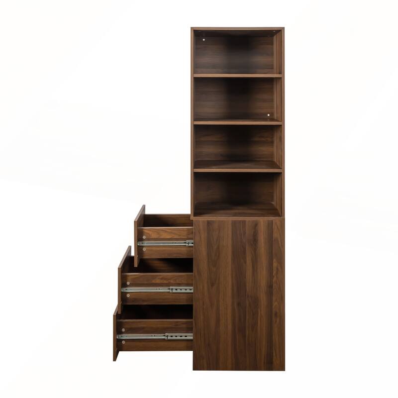 Modern Wooden Tall Display Storage Cabinet with 4-Tier Shelves and 3 Side Drawers for Living Room and Home Office