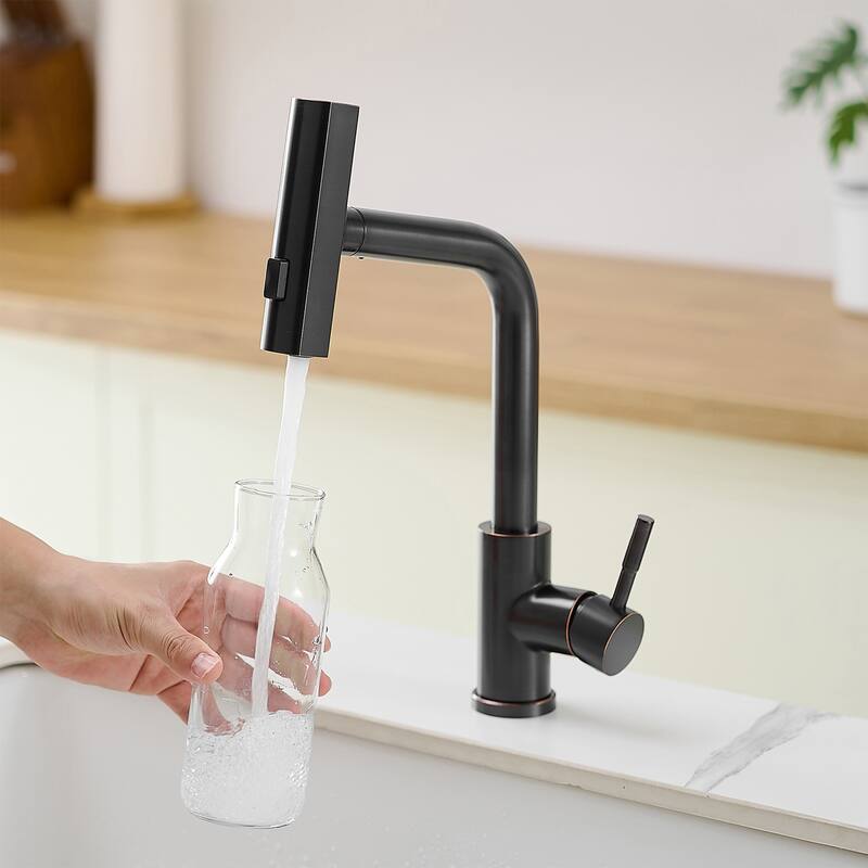 Modern Oil-rubbed Bronze Single Handle Kitchen Faucet with Pull Out Sprayer, 3 Function Water Outlet
