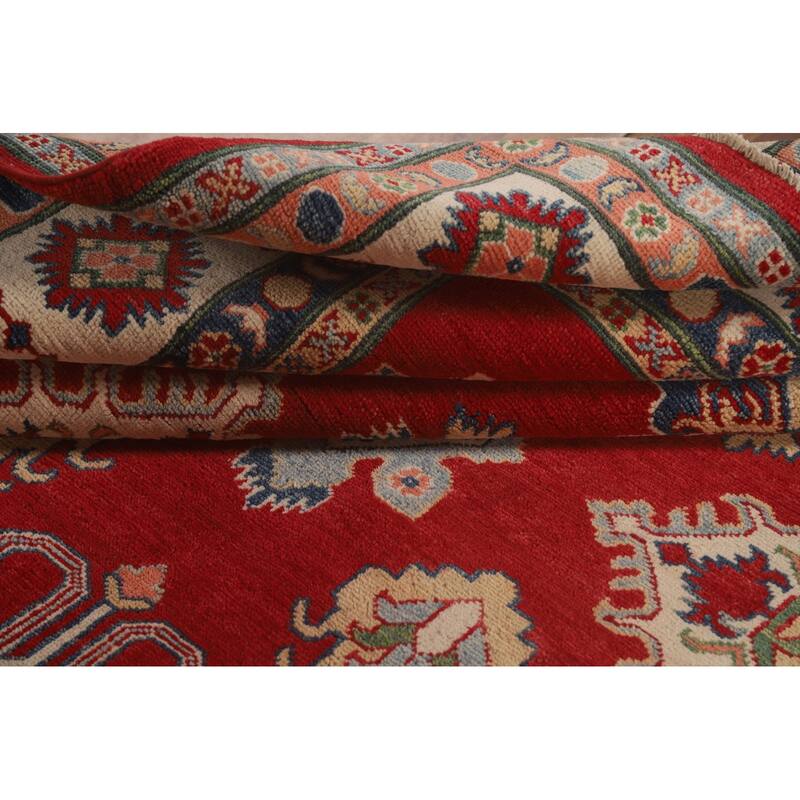 Red Geometric Kazak Living Room Area Rug Handmade Wool Carpet - 6'7" x 9'11"