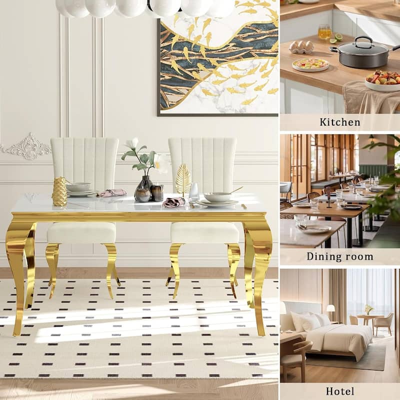 Polished Gold Dining Chairs with White Boucle Upholstery