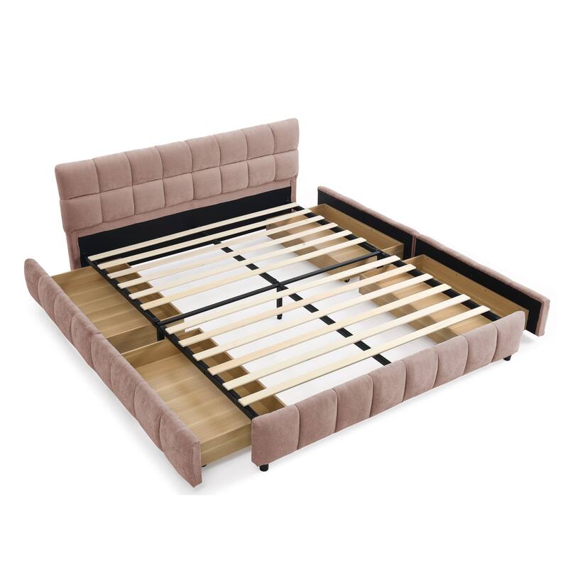 Queen Size Upholstered Bed with Tufted Headboard, Chenille Fabric Platform Bed with 4 Storage Drawers, Solid Wood Bed Frame