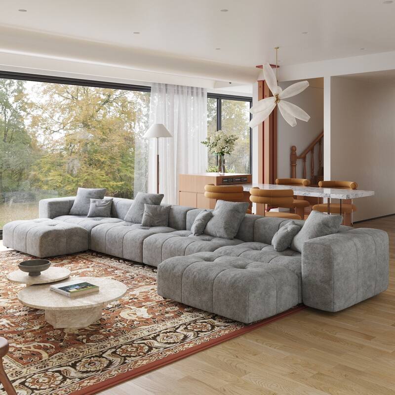 Extra Large U Shaped Linen Modular Sectional Couch with Ottoman for Living Room