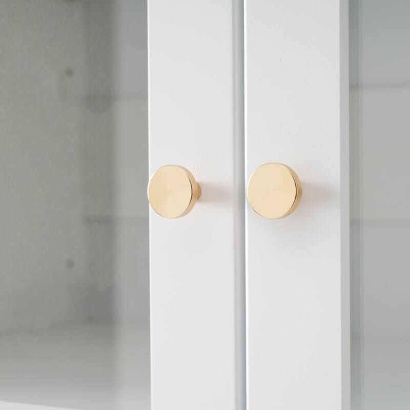 Modern Bathroom Storage Cabinet with Glass Doors and Drawers, Tall Freestanding Floor Cabinet with Adjustable Shelves