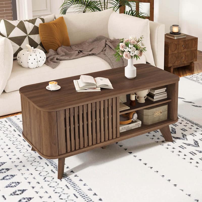 Costway Coffee Table with Storage Adjustable Shelves & 2 Doors Wood - See Details