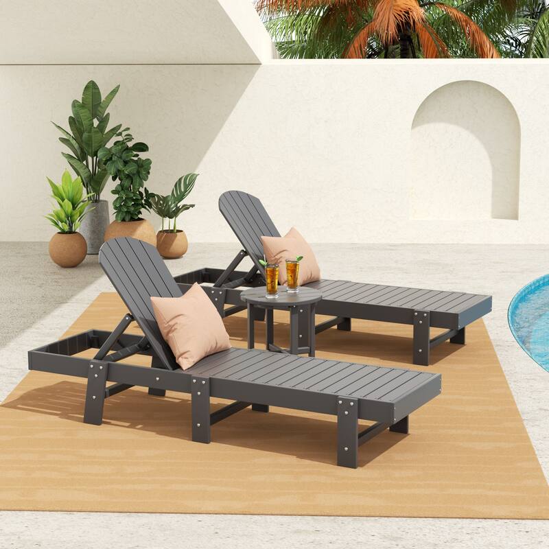 Altura Armless Poly Eco-Friendly All Weather Reclining Chaise Lounge with Side Table Set (3-Piece Set) - Gray