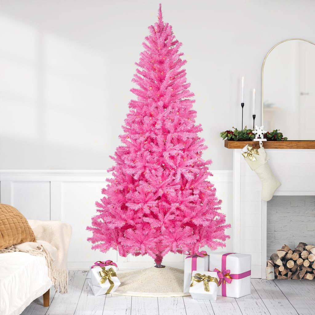 Pre-Lit Medium Artificial Pine Christmas Tree - 7' - Pink - Clear Lights - 7 Foot