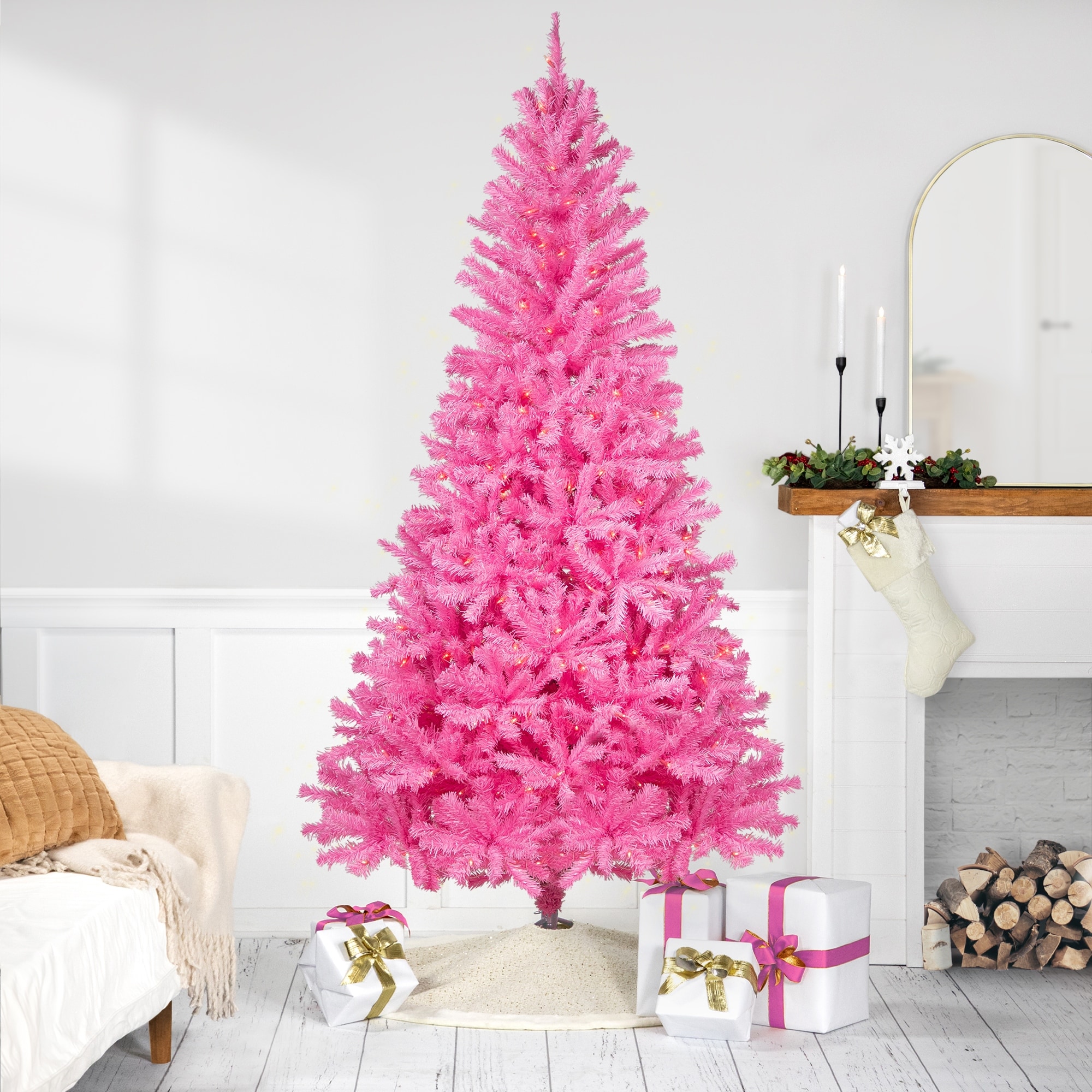 Pre-Lit Medium Artificial Pine Christmas Tree 7' Pink Clear Lights - 7 Foot
