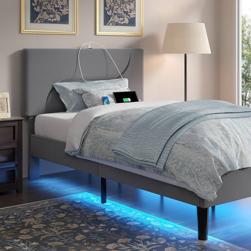 VECELO Platform Twin Bed Frame with Charging Stations and LED Lights,Kids Bed Set of 2, Strong Wooden Slats Support