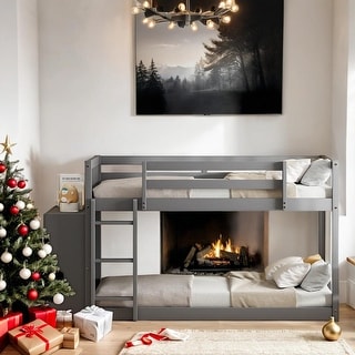 Twin over Twin Bunk Bed with 4 Drawers and 3 Shelves-Gray