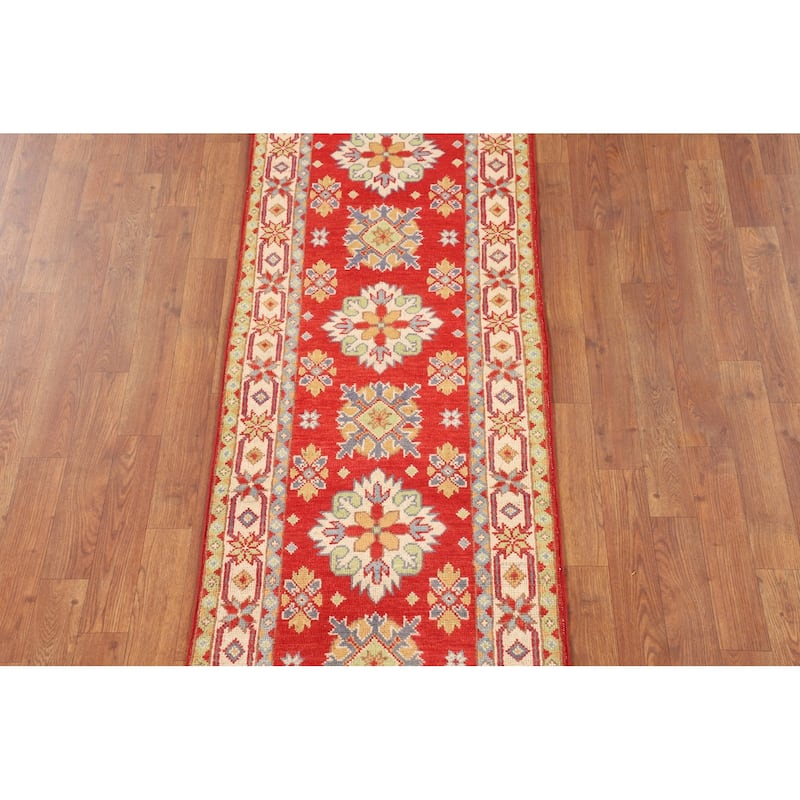 Geometric Red Kazak Oriental Runner Rug Hand-Knotted Wool Carpet - 2'2" x 6'3"