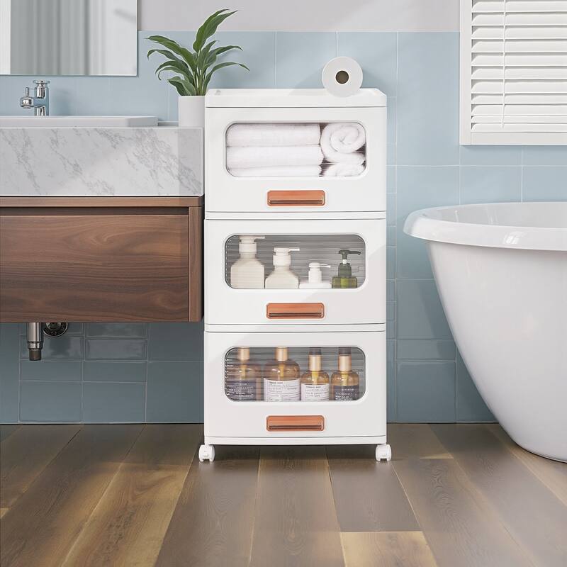 VECELO White Rolling Storage Cabinet with Transparent Doors 1/2/3-Tier Plastic Storage Bins with Wheels for Bedroom Living Room