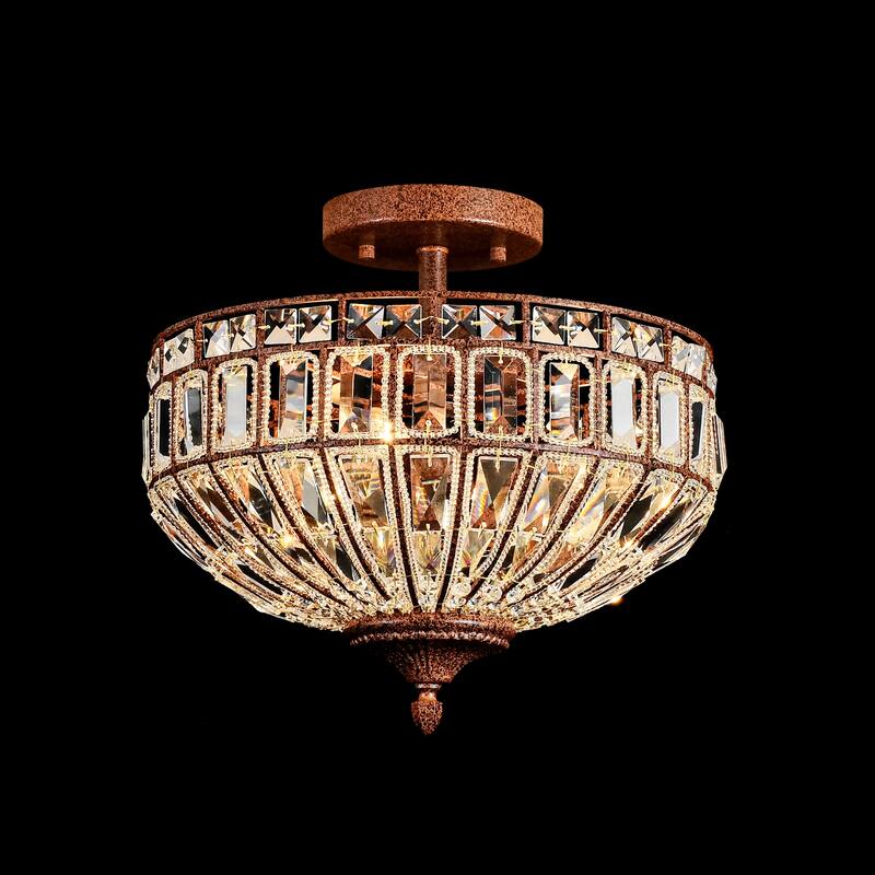 15.6" 3-Light Retro Rust-Colored Bowl Shaped Faceted Clear Crystal Semi-Flush Mount Ceiling Light for Bedroom, Kitchen
