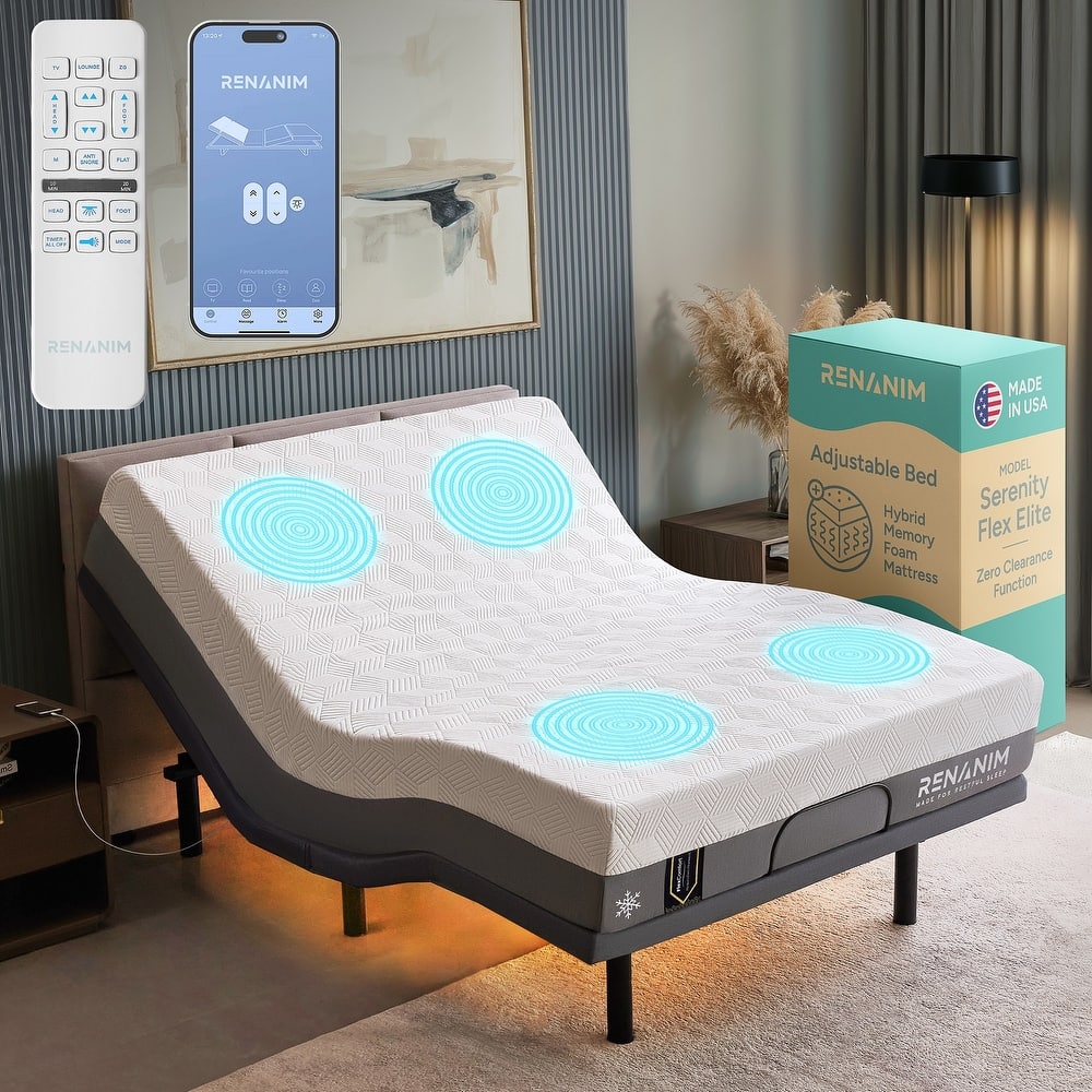 Renanim Adjustable Bed Frame with 14-inch Hybrid Mattress, Dual Massage, USB Ports, App Control, Underbed Light, Remote