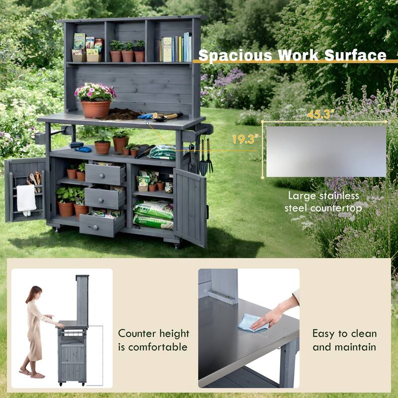 65" Outdoor Potting Bench with Stainless Steel Top, Rolling Garden Workstation with Hutch & Storage