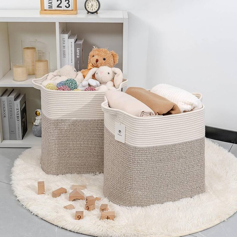 Storage Baskets for Clothes Fabric Cotton Rope Storage Basket with Handles - 14"L x 11"W x 14"H