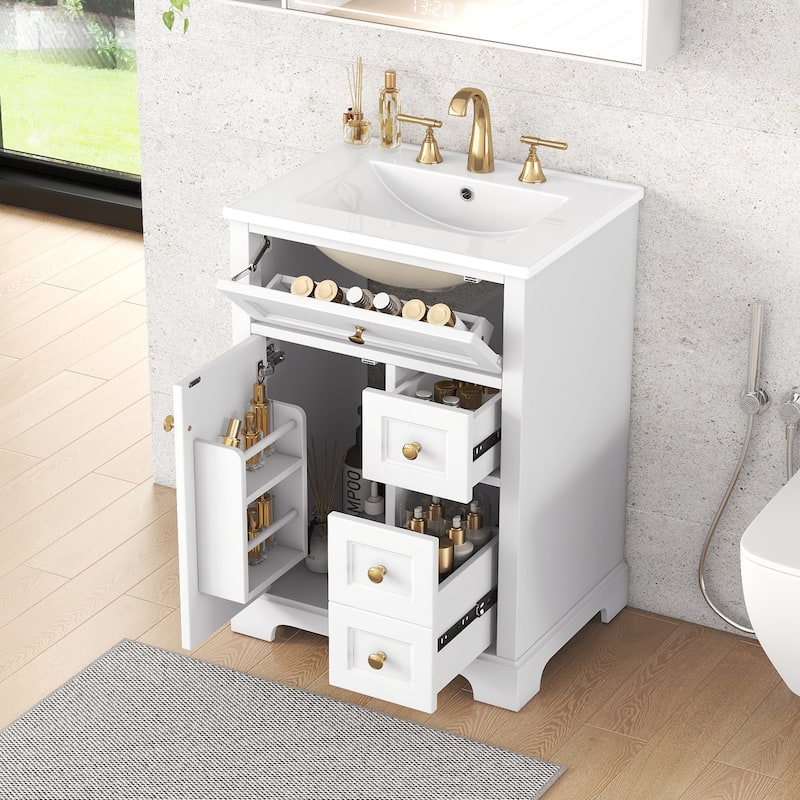 24" Bathroom Vanity with Sink, MDF & Pinewood Construction, 3 Drawers & Cabinet with 2-Tier Door Storage Rack, Soft-Close