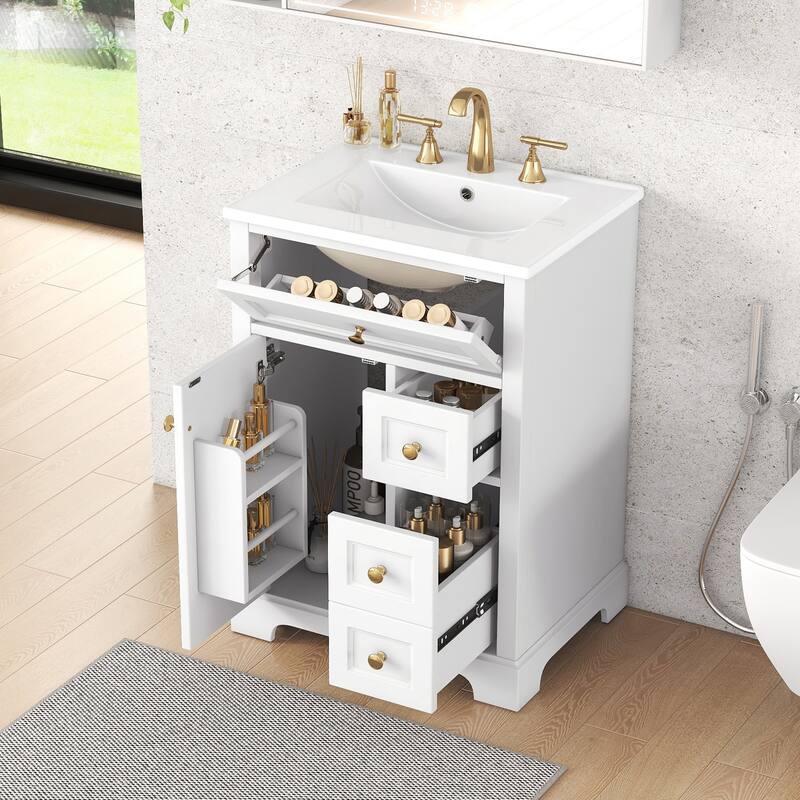 24" Bathroom Vanity with Sink - MDF & Pinewood, 3 Drawers & Cabinet with 2-Tier Door Rack, Soft-Close