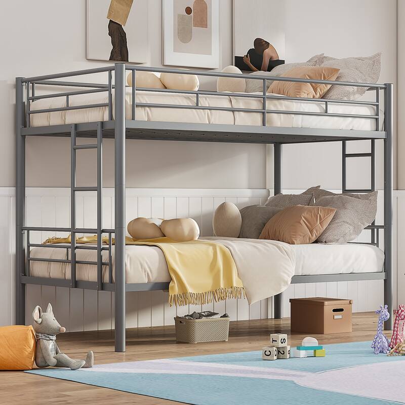 Bunk Bed Metal Twin Size Bunk Beds Frame with Ladder & Full-Length Guardrail Heavy Duty Sturdy 2 in 1 Convertible Bunk Bed