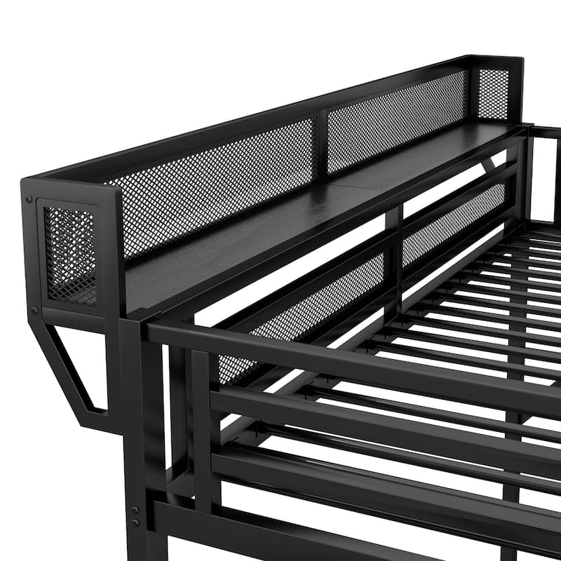 Queen Size Loft Bed with Stairs, Metal Queen Loft Bed with Storage Shelves, High Loft Bed with Wardrobe for Kids Teens Adults