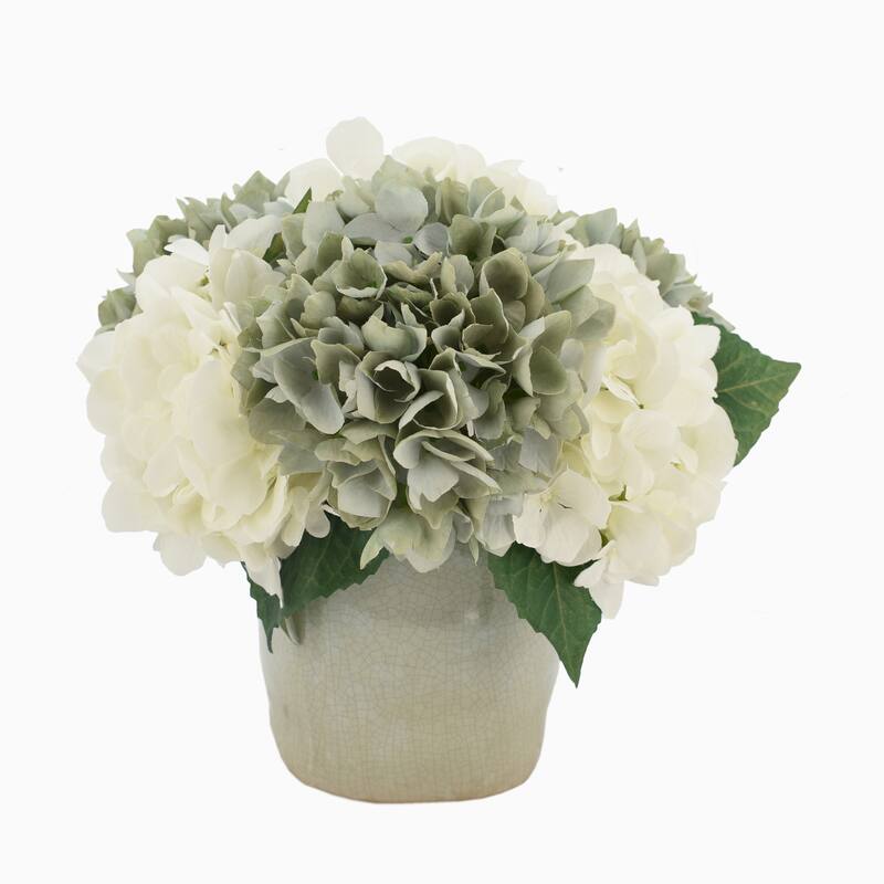Assorted Hydrangea Floral Arrangement in a Ceramic Vase - Seafoam, Teal, White