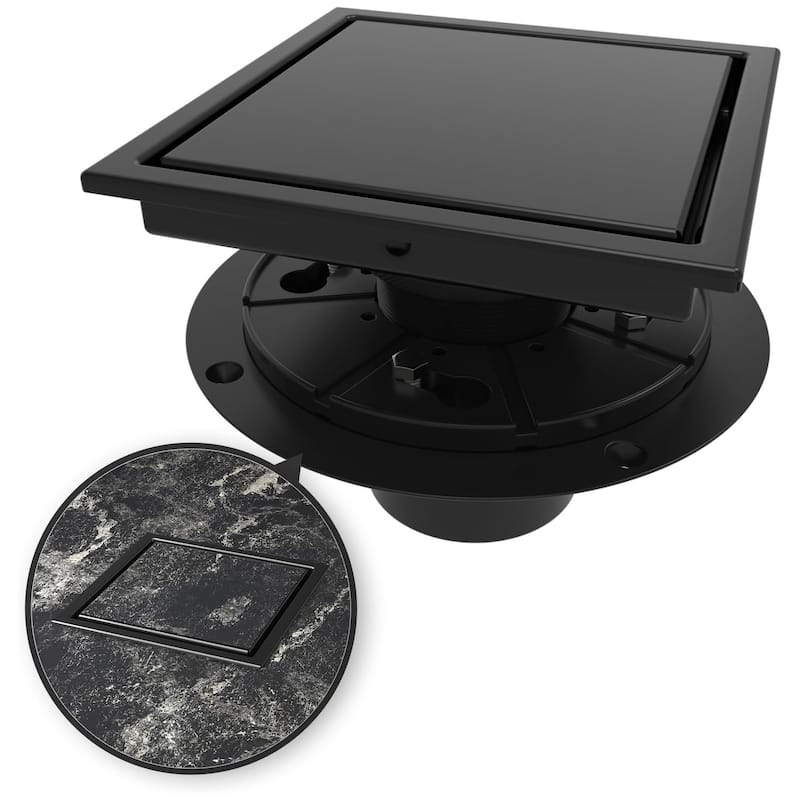 4/6-Inch Square Shower Drain, Reversible Tile Insert - 6 inch - Black