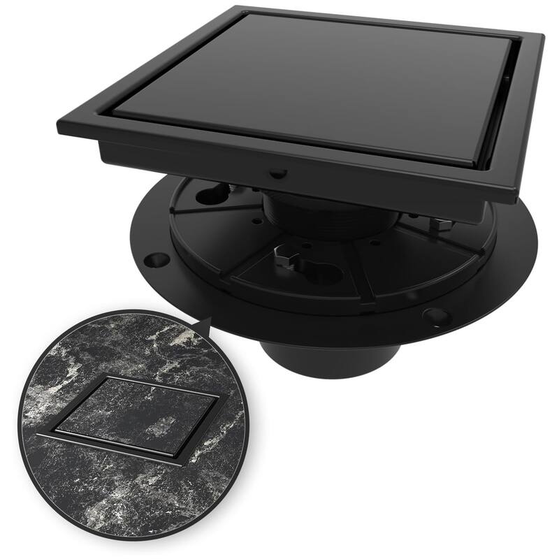 4-Inch Square Shower Floor Drain, Quadrato Pattern Grate - 4 inch - Matte Black