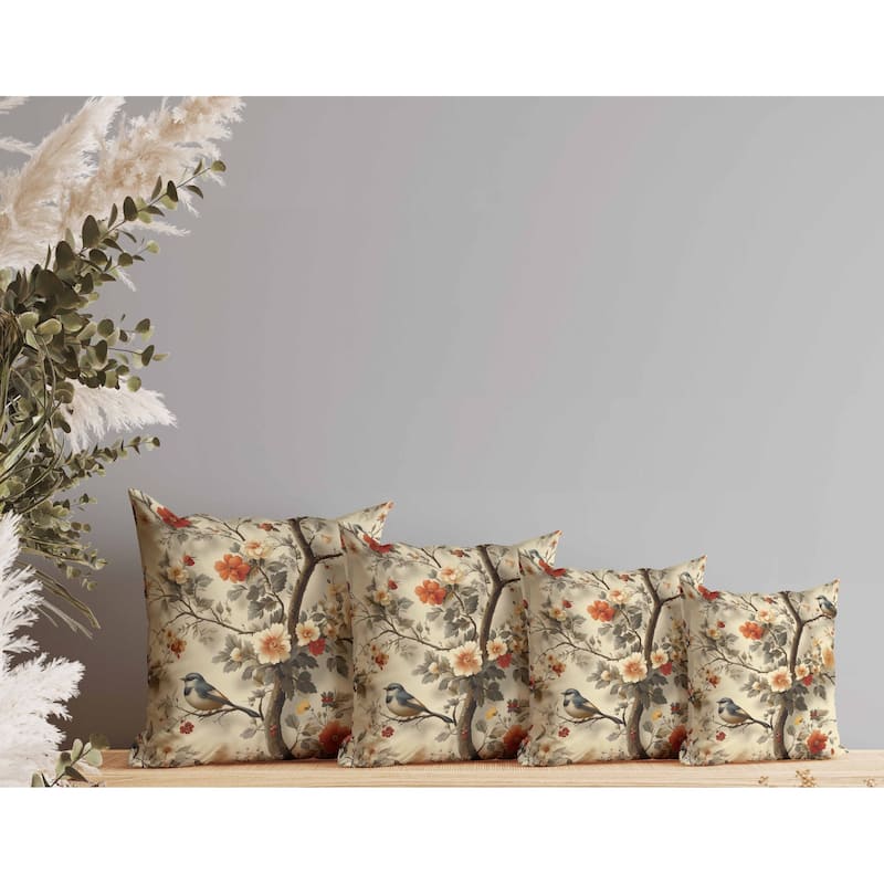 Two Birds n Flowers Indoor/Outdoor Reversible Throw Pillow Beige and Red