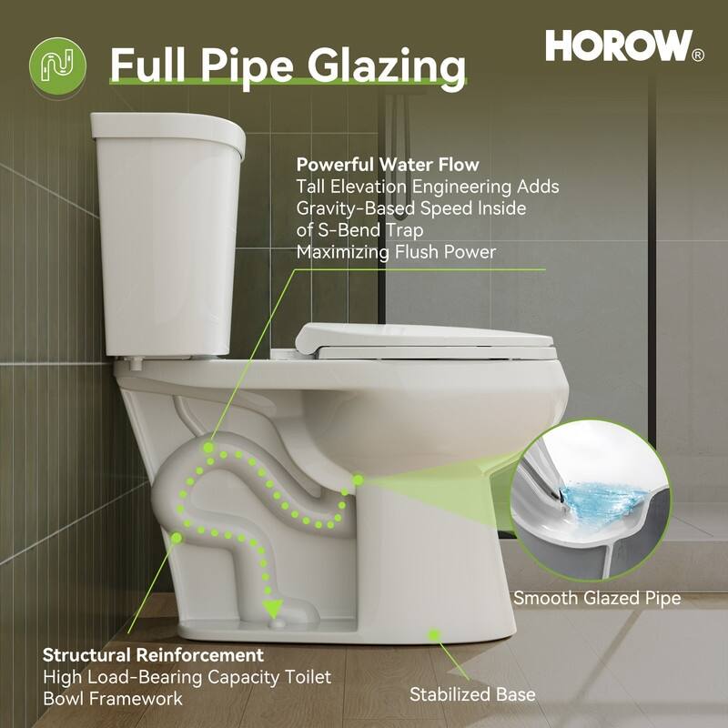 HOROW 17 Inch ADA Chair Height 2 Piece High Efficiency Dual Flush Round Toilet White 1.28 GPF Strong Flush Soft Close Seat