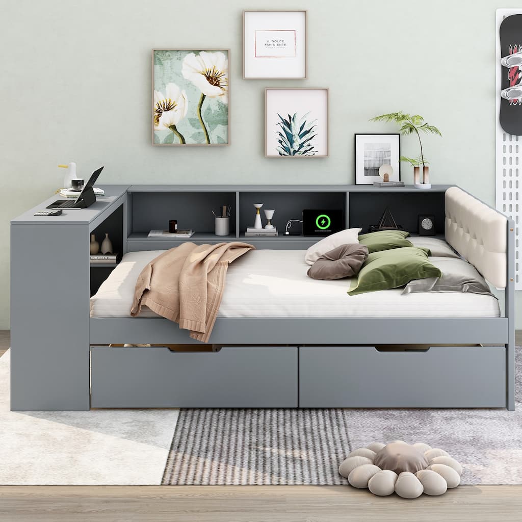 Wood Twin&Full Size Platform Bed with Storage Shelves, Drawers, Charging Station and Upholstered Headboard