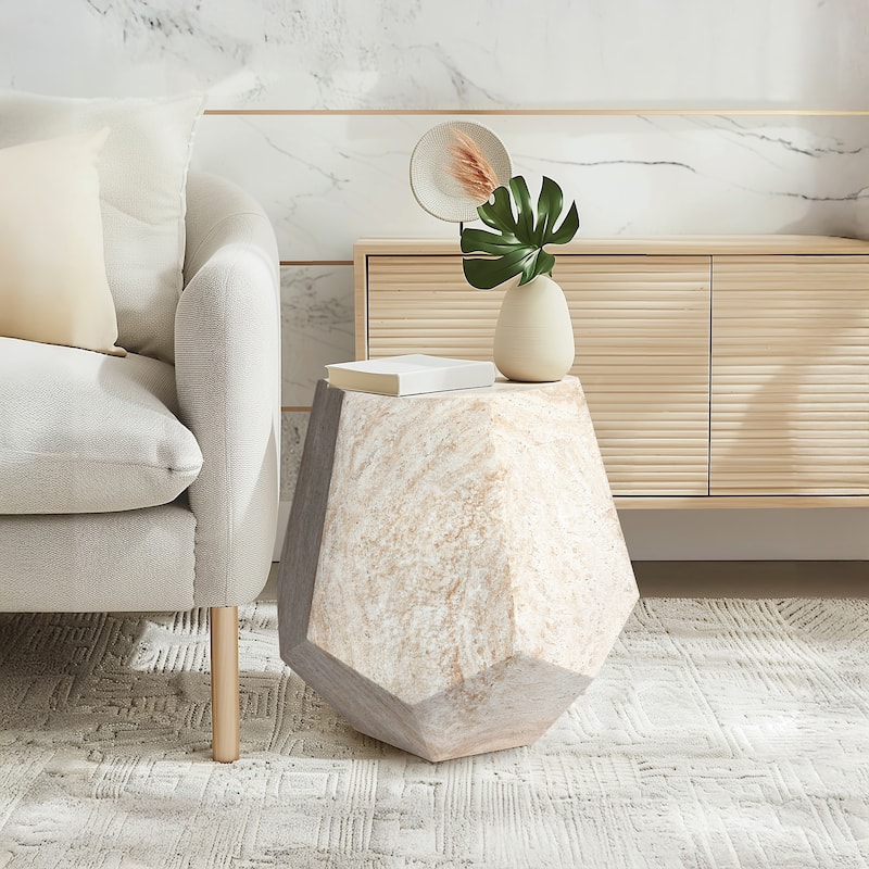 Geaometric Travertine Stone Finish Italian Design MgO Side Accent Table - 19.6"x19.6"x18.9"