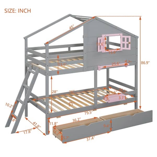 Twin over Twin Bunk Bed with 2 Drawers, 1 Storage Box, 1 Shelf, Window and Roof-Gray