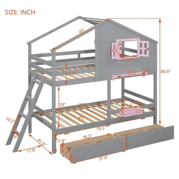 dimension image slide 1 of 2, Twin over Twin Solid Wood Bunk Bed Kids Bed with 2 Drawers, 1 Storage Box, 1 Shelf, Window and Roof,Playhouse Style