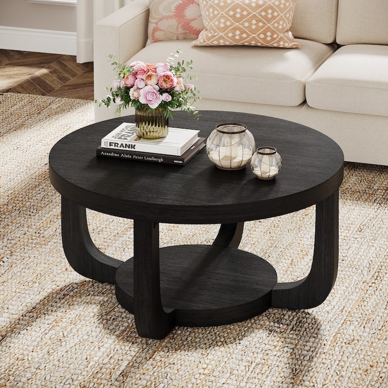 2-Tier Round Coffee Table with Thick Top & Base - Large - Black