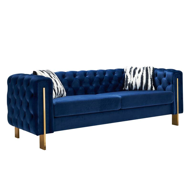 84.25" Luxurious Tufted Velvet Upholstered 3-Seater Sofa with Golden Metal Armrest Design and Buttoned Tufted Backrest