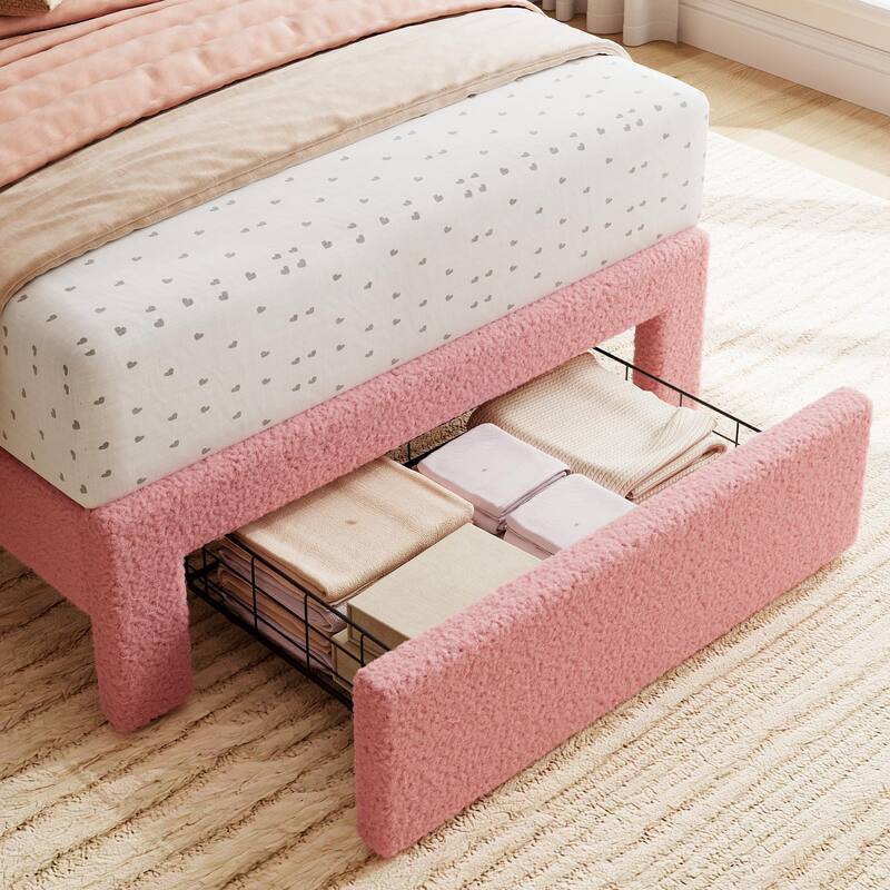 Twin Bed Frame with Under-Bed Drawer, Pink Boucle Upholstered Platform Bed with Wave Headboard for Kids/Girls