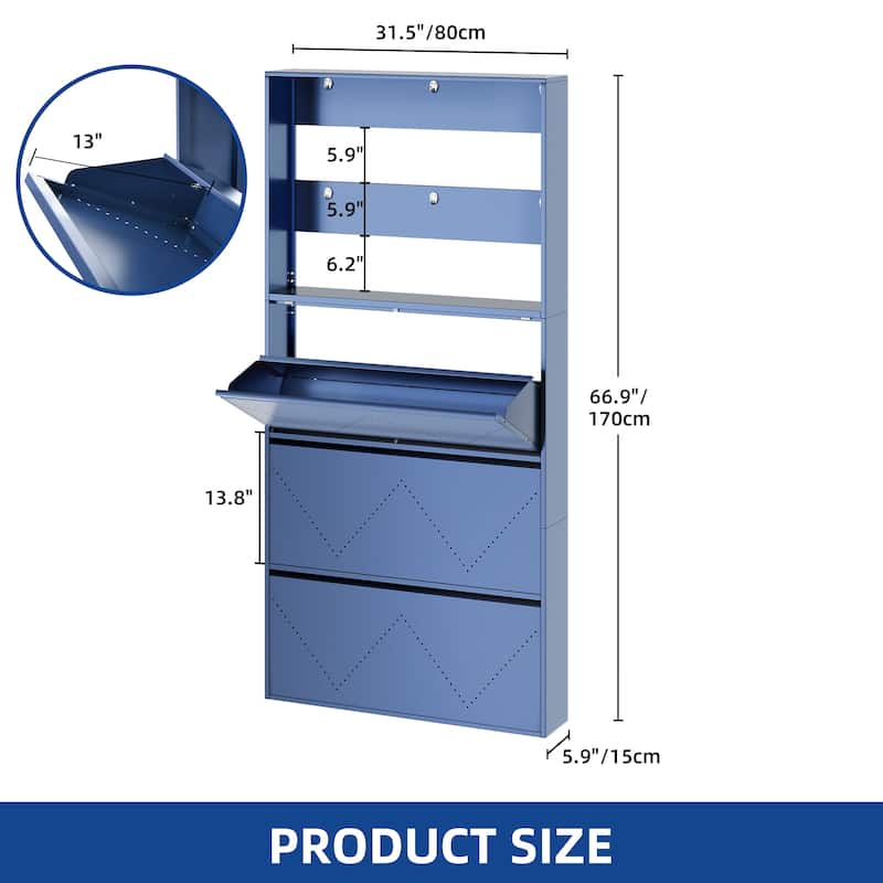 Moasis 3-Drawer Flip-Down Shoe Storage Cabinet, Wall-Mounted Metal Organizer