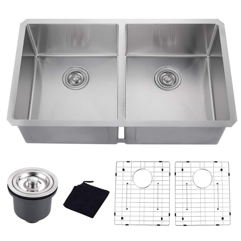 WOWOW 33" Drop-In Dual Bowl 16-Gauge Kitchen Sink - 15-15