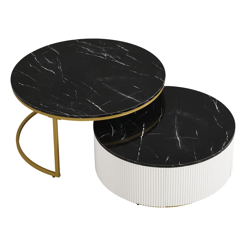 Modern Round Nesting Coffee Table Fluted with Drawer in Black & Gold in 31.5''