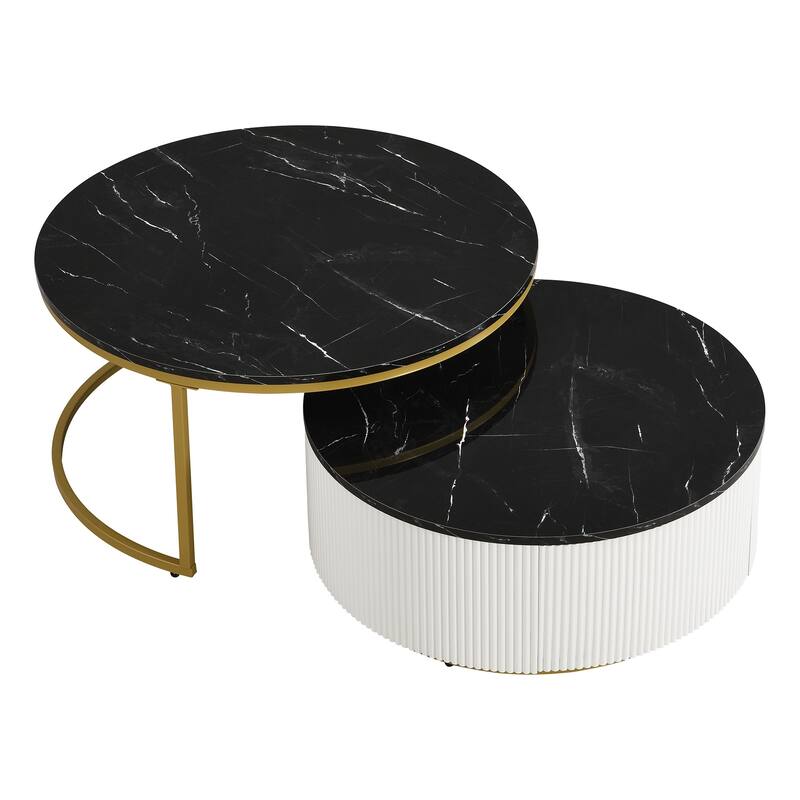 Round Nesting Coffee Table Set with Drawer, Faux Marble Top Storage Center Table, Compact Nesting Tables for Living Room