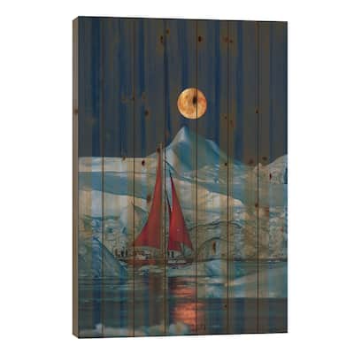 Greenland Arctic Ice Berg Red Sail Boat Full Moon Print On Wood by Alex G Perez - Multi-Color