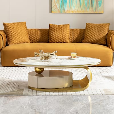 Modern Coffee Table, Sintered Stone Coffee Table with 2 Drawers and Stainless Steel Base, for Living Room