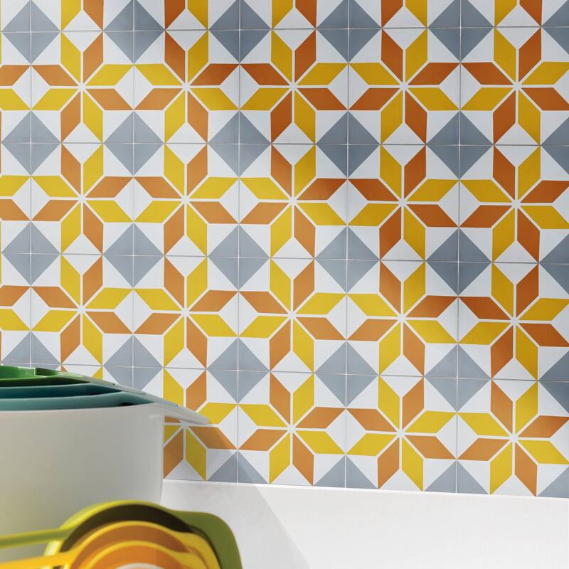 Assila Handmade Cement Tile, 8x8, Gold-Orange-Grey