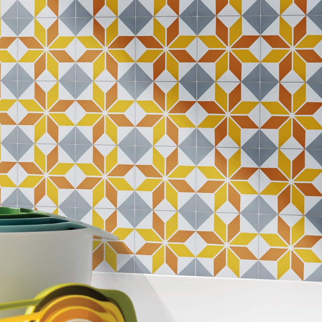 Assila Handmade Cement Tile, 8x8, Gold-Orange-Grey