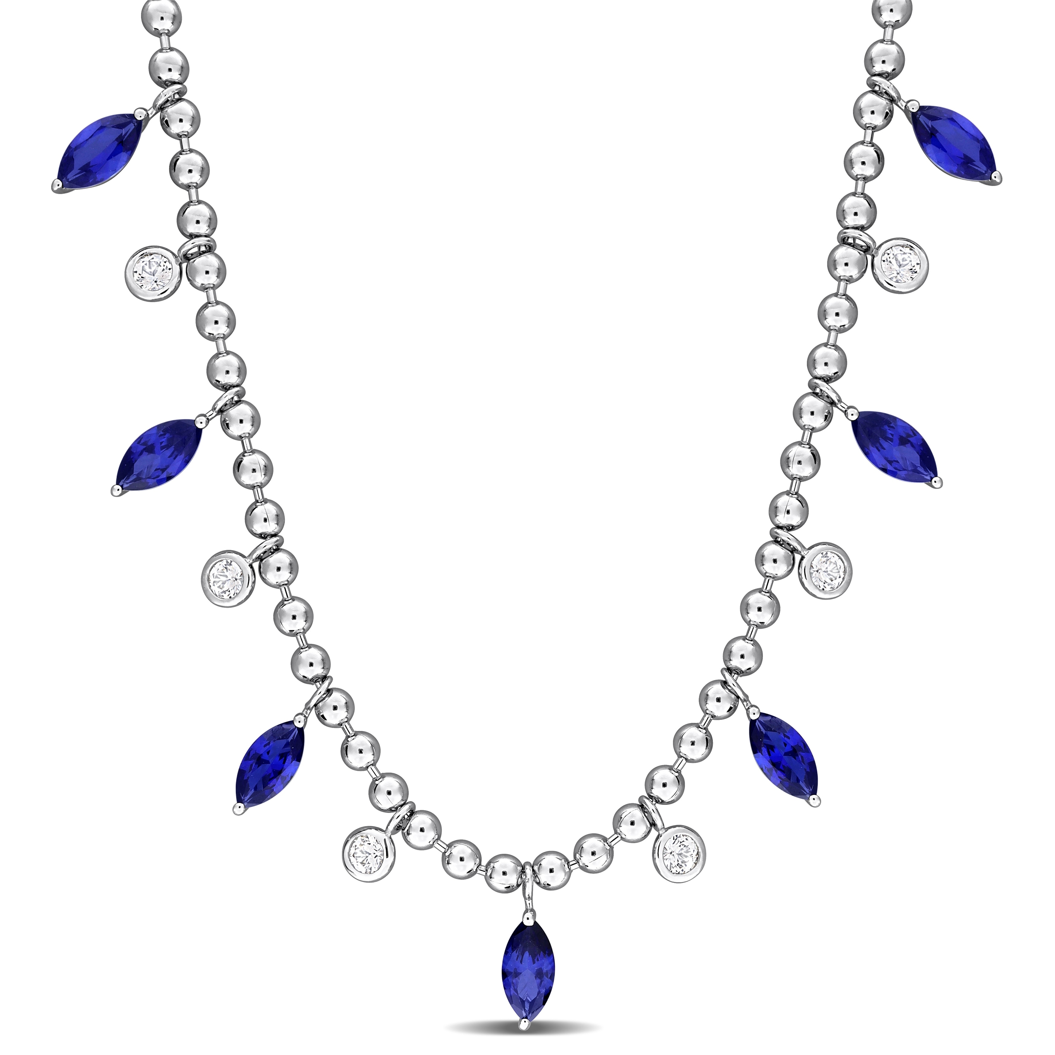 Miadora 5 4/5ct TGW Created Blue and White Sapphire Bead Necklace Sterling Silver - 17 in
