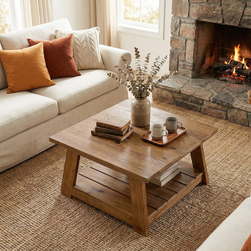 Solid Wood Square Coffee Table for Living Room, 31.5" Farmhouse Center Table