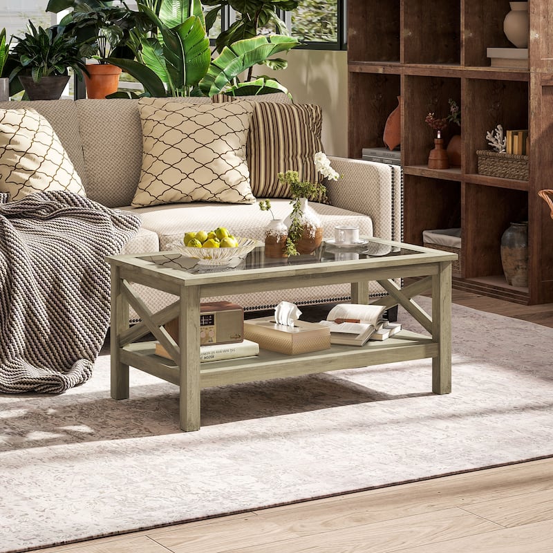 Coffee Table with Tempered Glass Top and Storage Shelf Modern Living Room Furniture - 39.25'' L x 21.75'' W x 17.75'' H