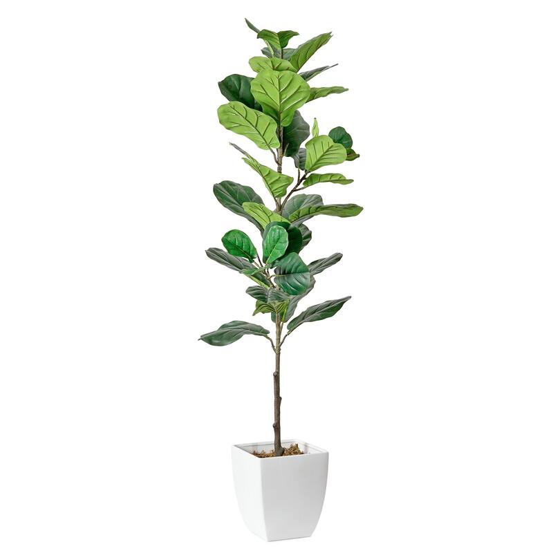 American Art Decor Artificial Faux Tree in White Tapered Ceramic Pot - 60" - Fiddle Fig Tree(Ceramic Pot)