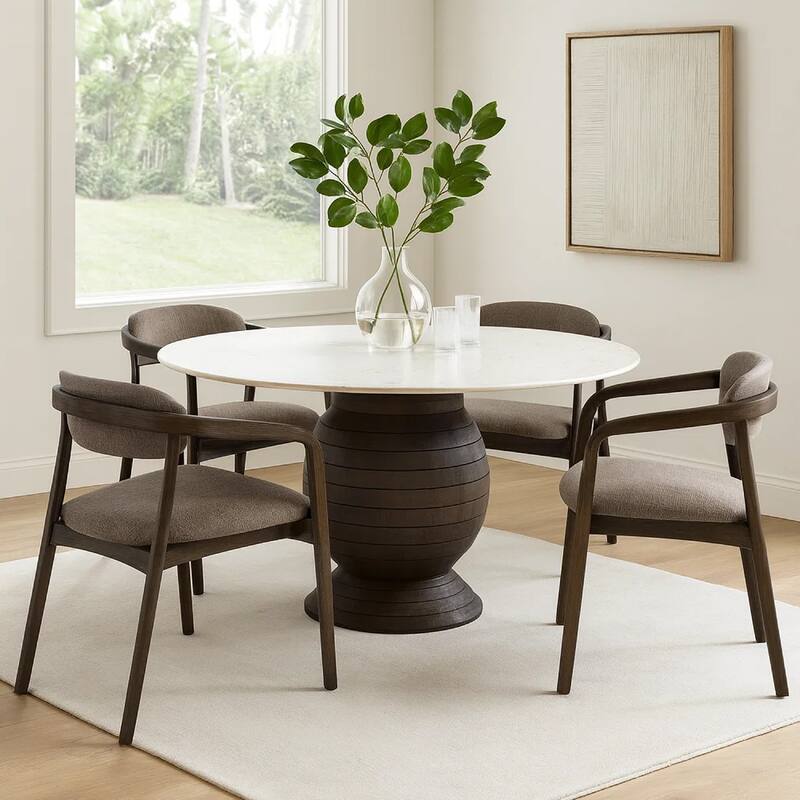 Hizy Dining Table, 60 Inch, Round White Marble Top, Acacia Wood Base - White, Espresso Brown