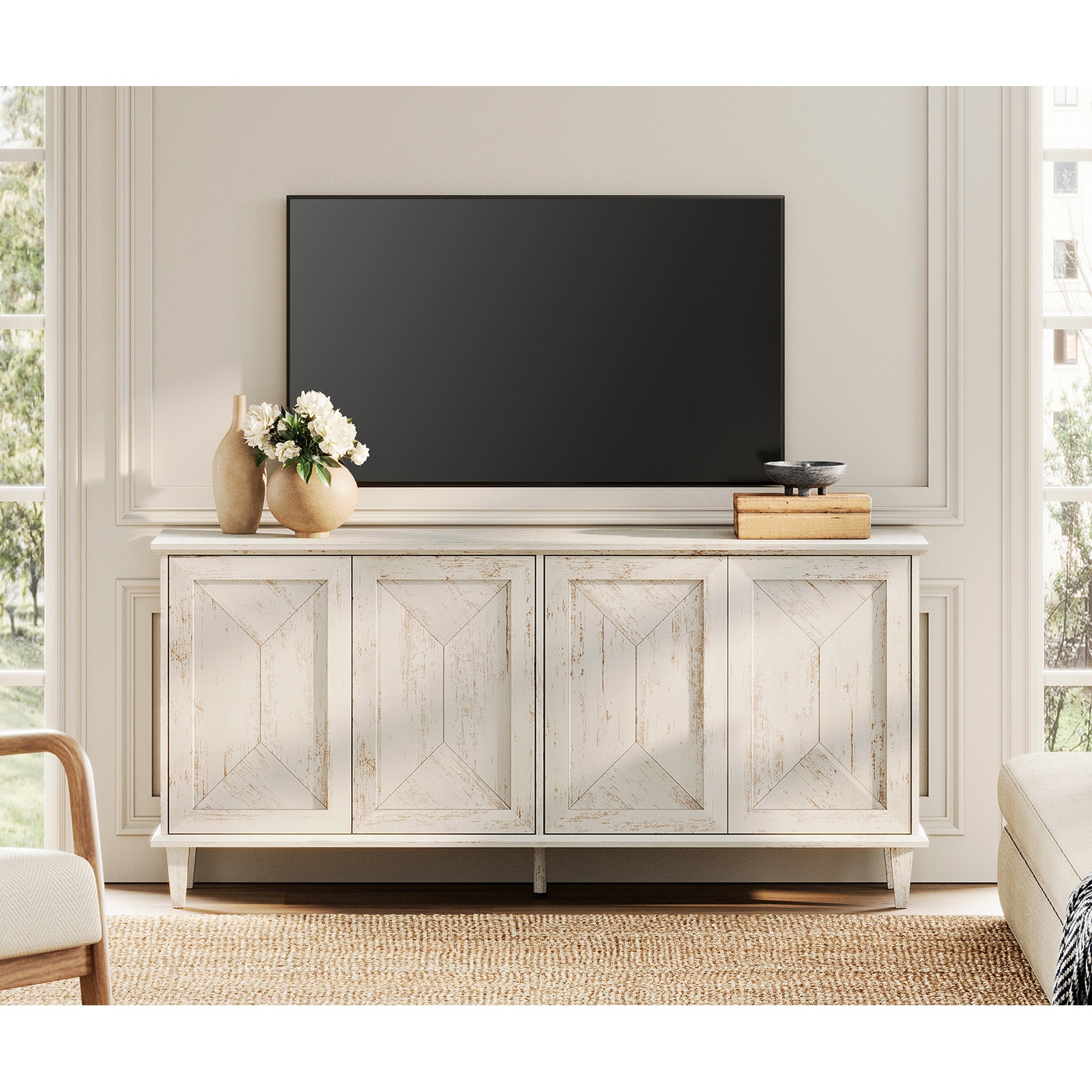 Modern Farmhouse TV Stand with Handcrafted Doors for 55-130
