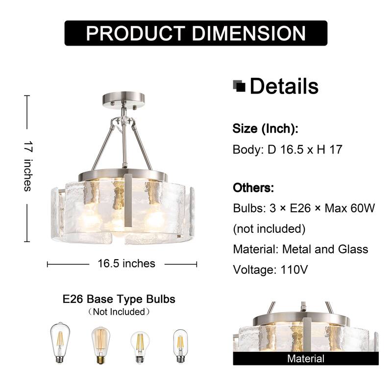 Reina 3-Light Water Textured Glass Panel Drum Semi Flush Mount